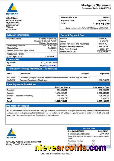 Kazakhstan Nurbank mortgage statement Word and PDF template